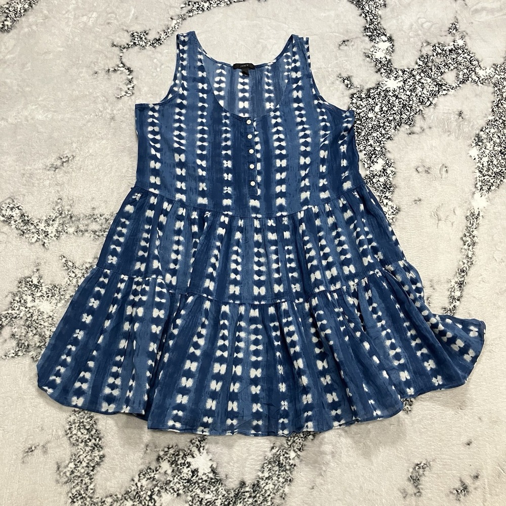 J.Crew Blue Tie Dye Tiered Mini‎ Dress M Sleeveless Button Front Summer